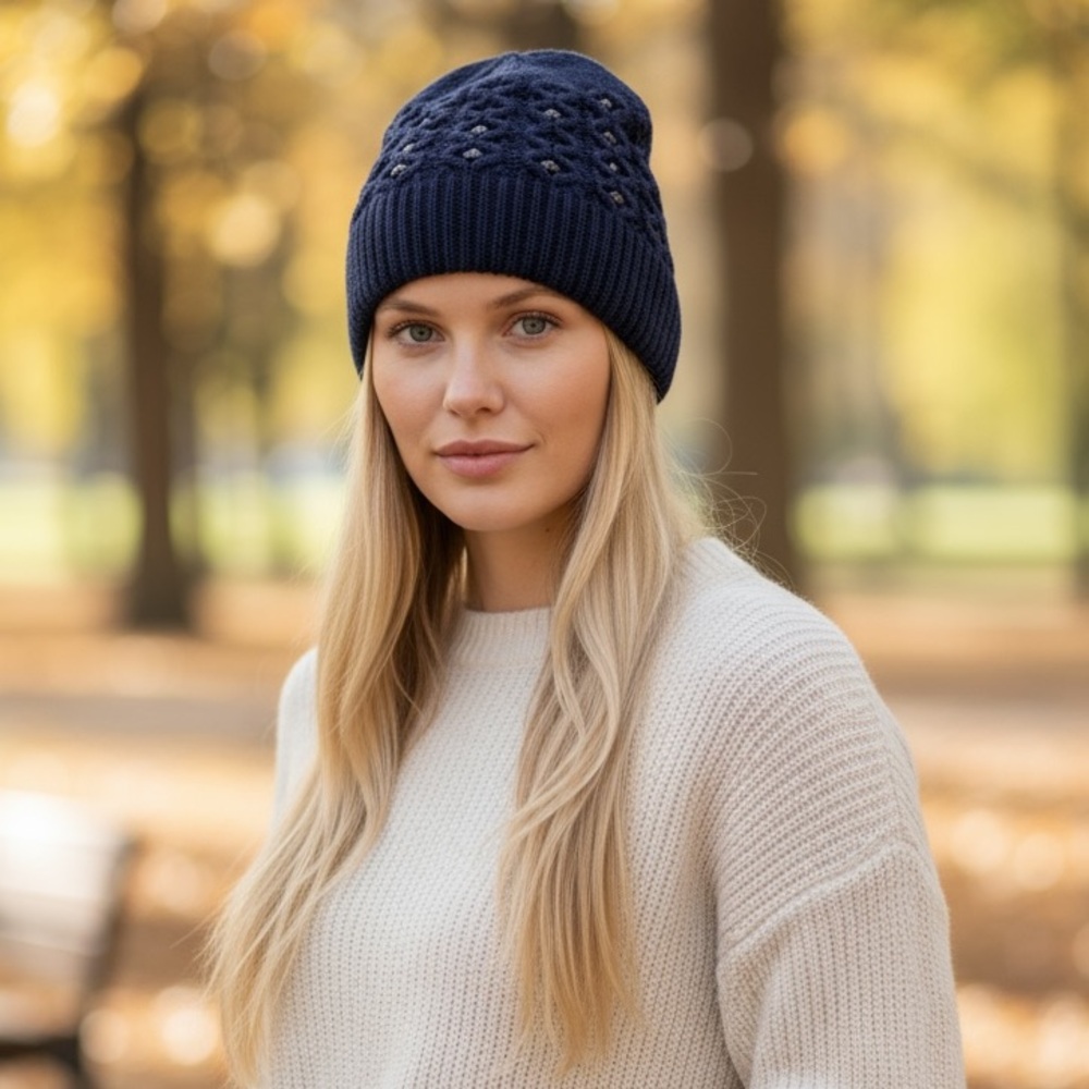 Sandro Navy Blue Wool Blend Crystal Jeweled Beanie Hat